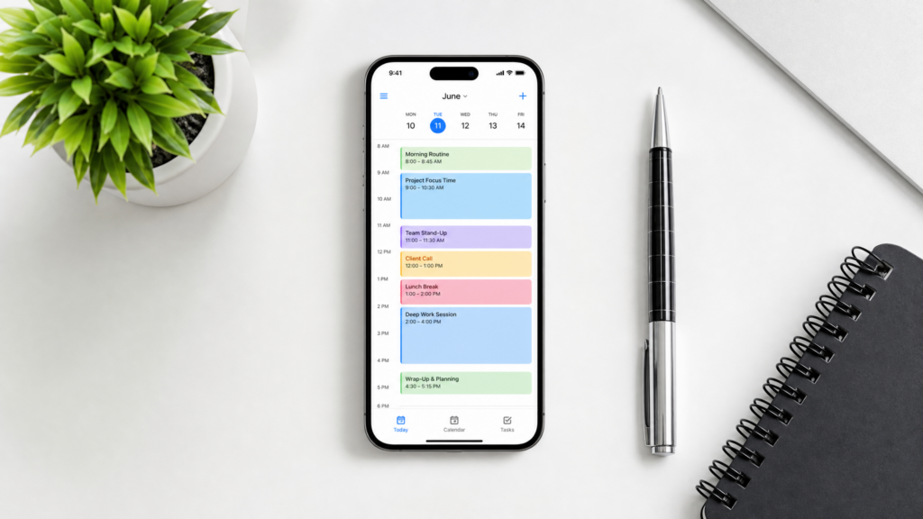 Smartphone displaying a clean weekly schedule with time blocks in a minimal workspace