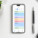 Smartphone displaying a clean weekly schedule with time blocks in a minimal workspace