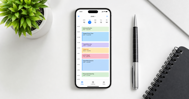 Smartphone displaying a clean weekly schedule with time blocks in a minimal workspace