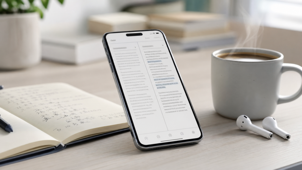 Smartphone on a clean desk showing a bilingual document layout, with a notebook of language notes and coffee nearby, representing translation work done from a phone.