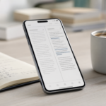 Smartphone on a clean desk showing a bilingual document layout, with a notebook of language notes and coffee nearby, representing translation work done from a phone.