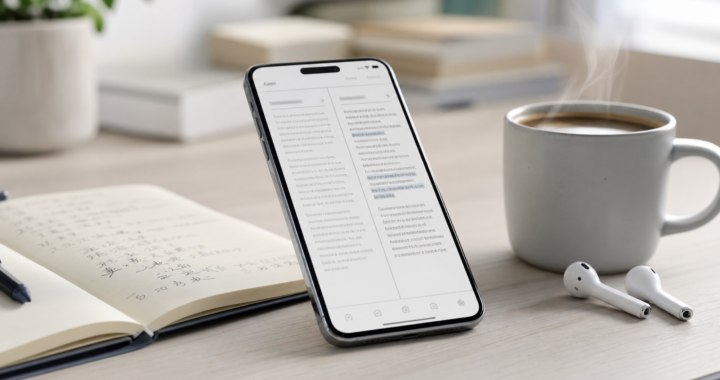 Smartphone on a clean desk showing a bilingual document layout, with a notebook of language notes and coffee nearby, representing translation work done from a phone.