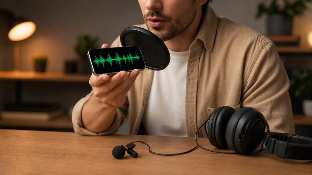 Person recording a voice-over using a smartphone with a pop filter and a clean audio waveform visible on the screen in a minimalist home setup.