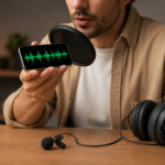Person recording a voice-over using a smartphone with a pop filter and a clean audio waveform visible on the screen in a minimalist home setup.