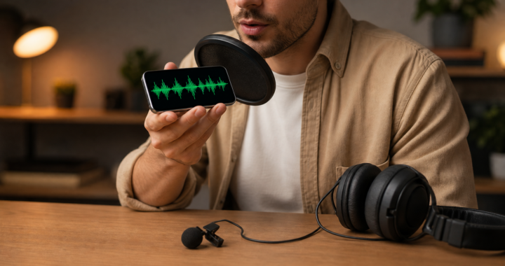 Person recording a voice-over using a smartphone with a pop filter and a clean audio waveform visible on the screen in a minimalist home setup.