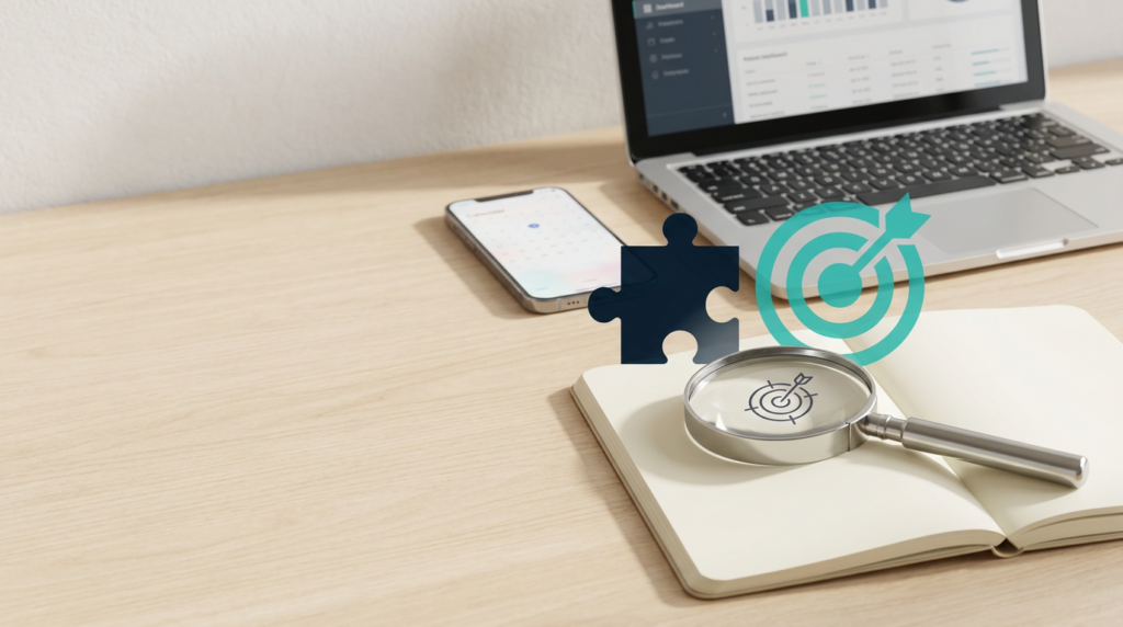 A magnifying glass focusing on a target icon on a notebook, representing specialized niche business ideas for 2026