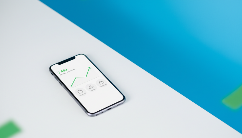 Smartphone displaying affiliate commission dashboard with business apps and rising earnings chart