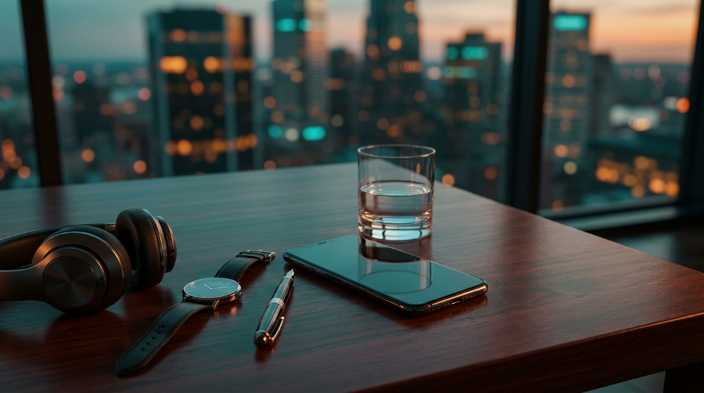 High-end smartphone next to noise-canceling headphones, a designer pen, and a luxury watch on a premium desk (2026)