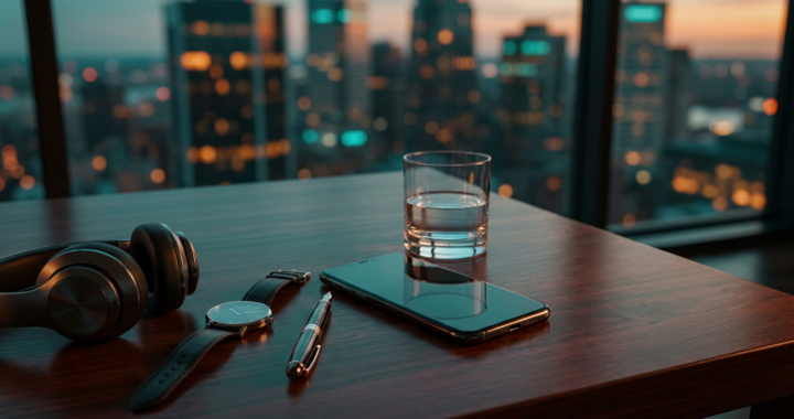 High-end smartphone next to noise-canceling headphones, a designer pen, and a luxury watch on a premium desk (2026)