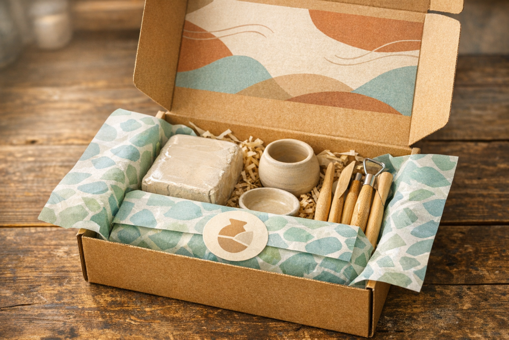 Open hobby subscription box on a wooden table featuring a curated pottery starter kit with tools and patterned tissue paper.