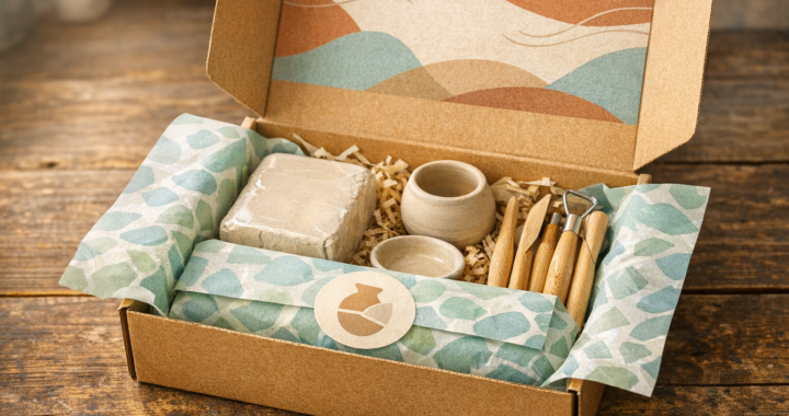 Open hobby subscription box on a wooden table featuring a curated pottery starter kit with tools and patterned tissue paper.
