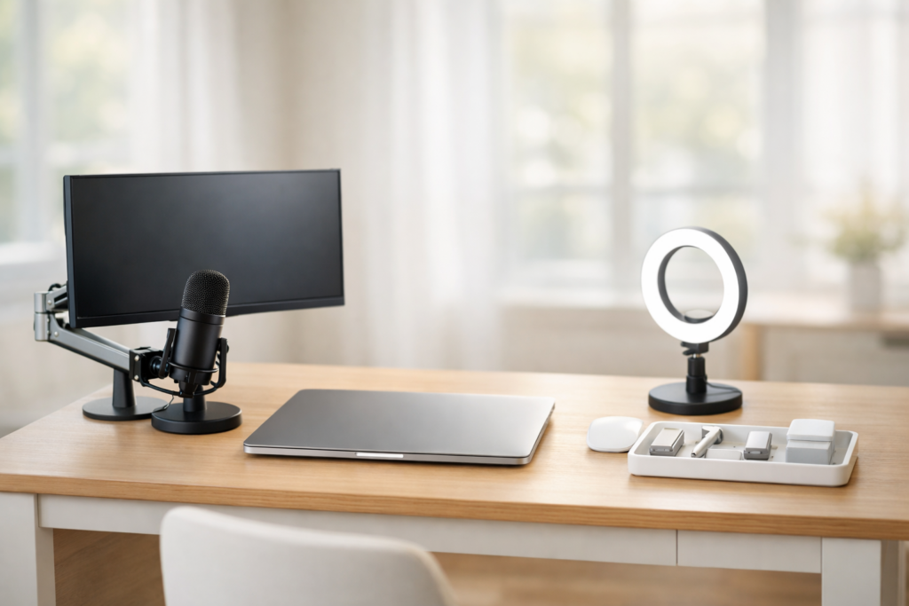 A minimalist and ergonomic home office desk setup featuring a laptop, monitor, ring light, and professional accessories in a curated kit style.