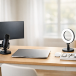 A minimalist and ergonomic home office desk setup featuring a laptop, monitor, ring light, and professional accessories in a curated kit style.