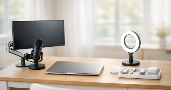 A minimalist and ergonomic home office desk setup featuring a laptop, monitor, ring light, and professional accessories in a curated kit style.