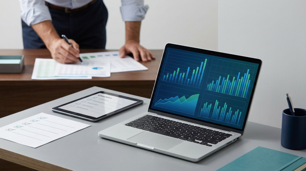 Business owner reviewing franchise documents and financial spreadsheets at a modern office desk