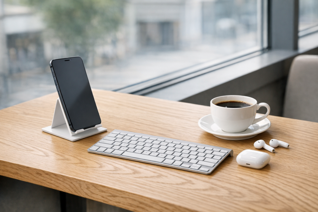 Professional mobile office setup on a cafe table with smartphone on a stand, foldable keyboard, coffee, and power bank
