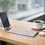 Professional mobile office setup on a cafe table with smartphone on a stand, foldable keyboard, coffee, and power bank