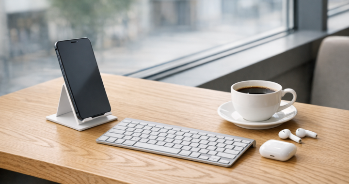Professional mobile office setup on a cafe table with smartphone on a stand, foldable keyboard, coffee, and power bank