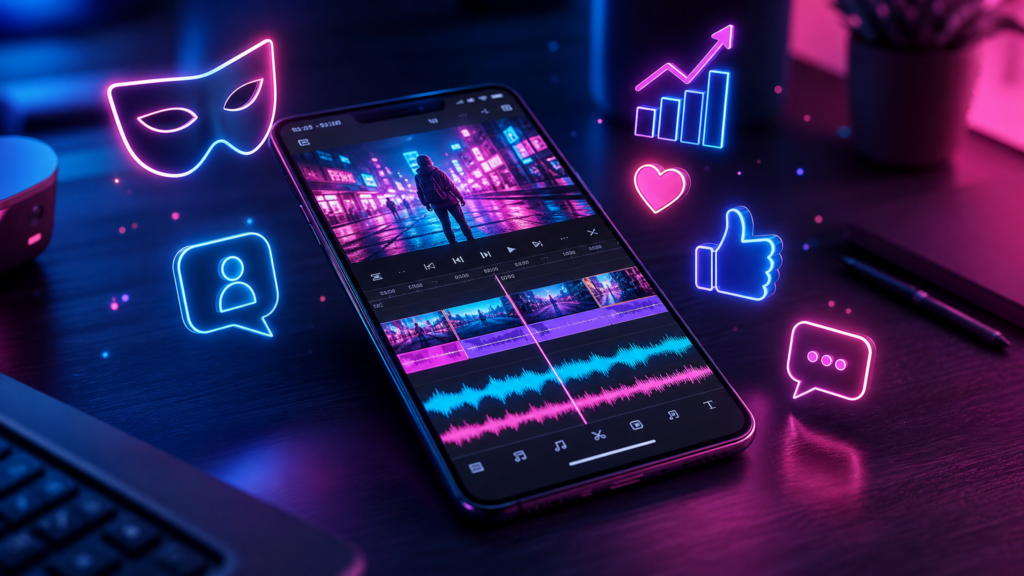 A high-end smartphone on a desk showing a faceless TikTok content creator dashboard with video editing waves, 3D icons of masks and privacy symbols, and growth analytics in neon pink and cyan.