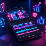 A high-end smartphone on a desk showing a faceless TikTok content creator dashboard with video editing waves, 3D icons of masks and privacy symbols, and growth analytics in neon pink and cyan.