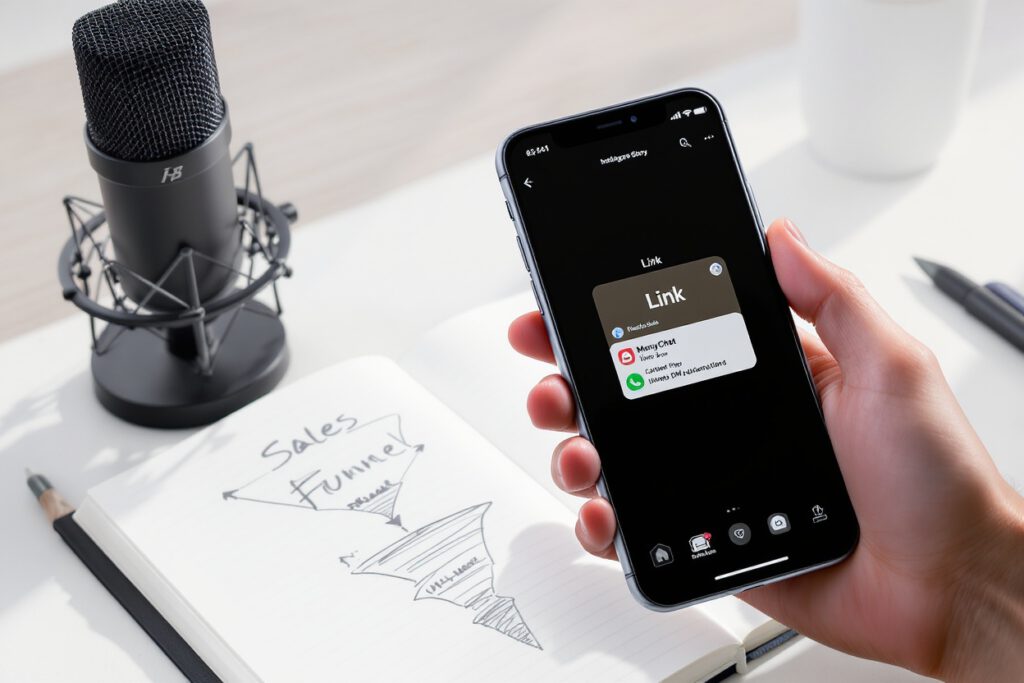 A smartphone held over a desk showing an Instagram Story edit with a Link sticker and a ManyChat DM automation notification.