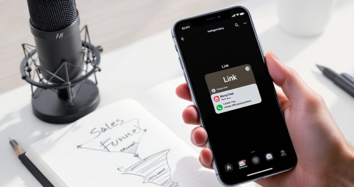 A smartphone held over a desk showing an Instagram Story edit with a Link sticker and a ManyChat DM automation notification.