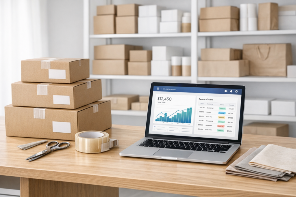 Organized home office warehouse with laptop showing sales dashboard, stacked shipping boxes, and packing supplies.