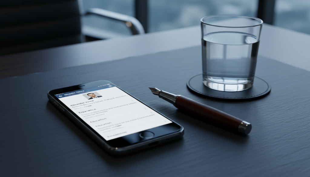 A dark, executive workspace with a smartphone showing a LinkedIn profile, a glass of water, and a high-end pen, representing the professional B2B environment