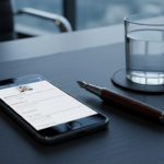 A dark, executive workspace with a smartphone showing a LinkedIn profile, a glass of water, and a high-end pen, representing the professional B2B environment