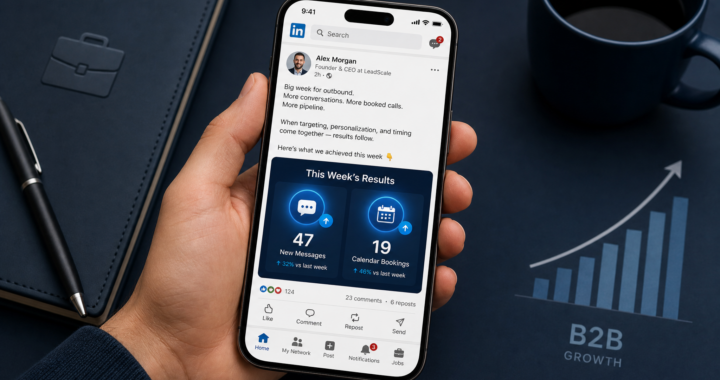 A smartphone displaying a LinkedIn-style post with incoming messages and booking notifications, representing B2B lead generation.