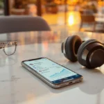 Close-up of a smartphone on a marble table showing LinkedIn analytics growth next to premium headphones and classes in a professional sunset setting.