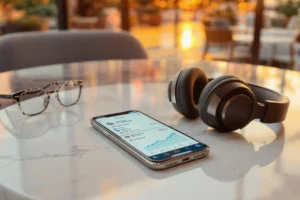 Close-up of a smartphone on a marble table showing LinkedIn analytics growth next to premium headphones and classes in a professional sunset setting.