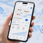 A smartphone showing local business listings and call analytics over a city map, illustrating a local lead generation business.