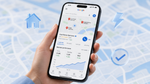 A smartphone showing local business listings and call analytics over a city map, illustrating a local lead generation business.