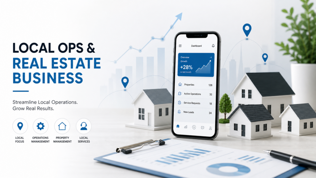 A smartphone on a desk with small model houses, charts, and location icons representing local operations and real estate business growth.