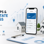 A smartphone on a desk with small model houses, charts, and location icons representing local operations and real estate business growth.