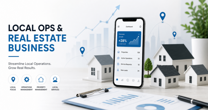A smartphone on a desk with small model houses, charts, and location icons representing local operations and real estate business growth.