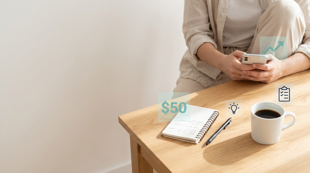 Minimal workspace with smartphone, notebook and coffee representing starting a business with low budget.