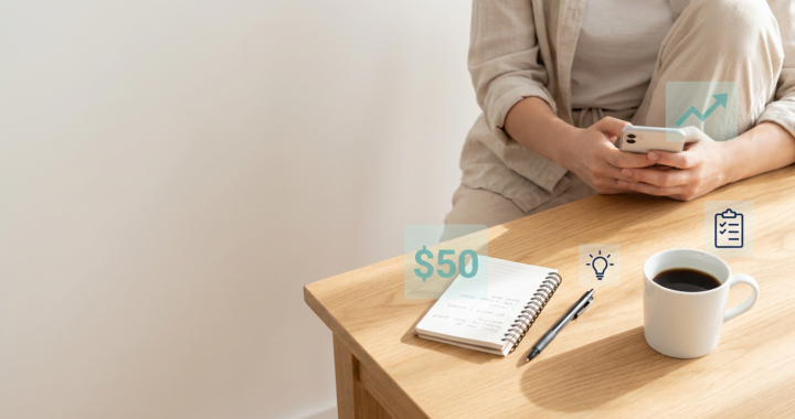 Minimal workspace with smartphone, notebook and coffee representing starting a business with low budget.