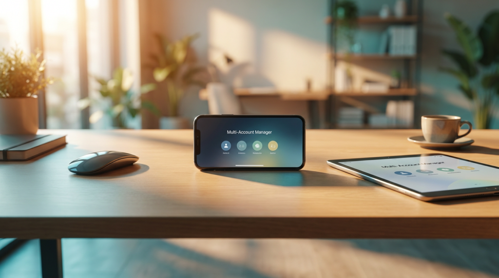 A smartphone and a tablet on a minimalist desk showing abstract multi-account dashboards, representing social media management from one phone (2026)
