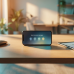 A smartphone and a tablet on a minimalist desk showing abstract multi-account dashboards, representing social media management from one phone (2026)