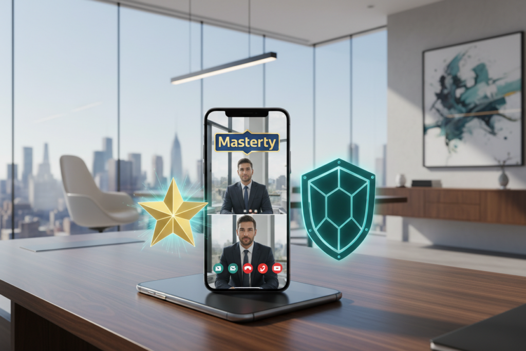Professional smartphone view showing a video call interface and a digital calendar with appointments. Floating 3D teal icons of a 'Speech Bubble' and a 'Star' for high-rated service.