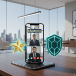 Professional smartphone view showing a video call interface and a digital calendar with appointments. Floating 3D teal icons of a 'Speech Bubble' and a 'Star' for high-rated service.