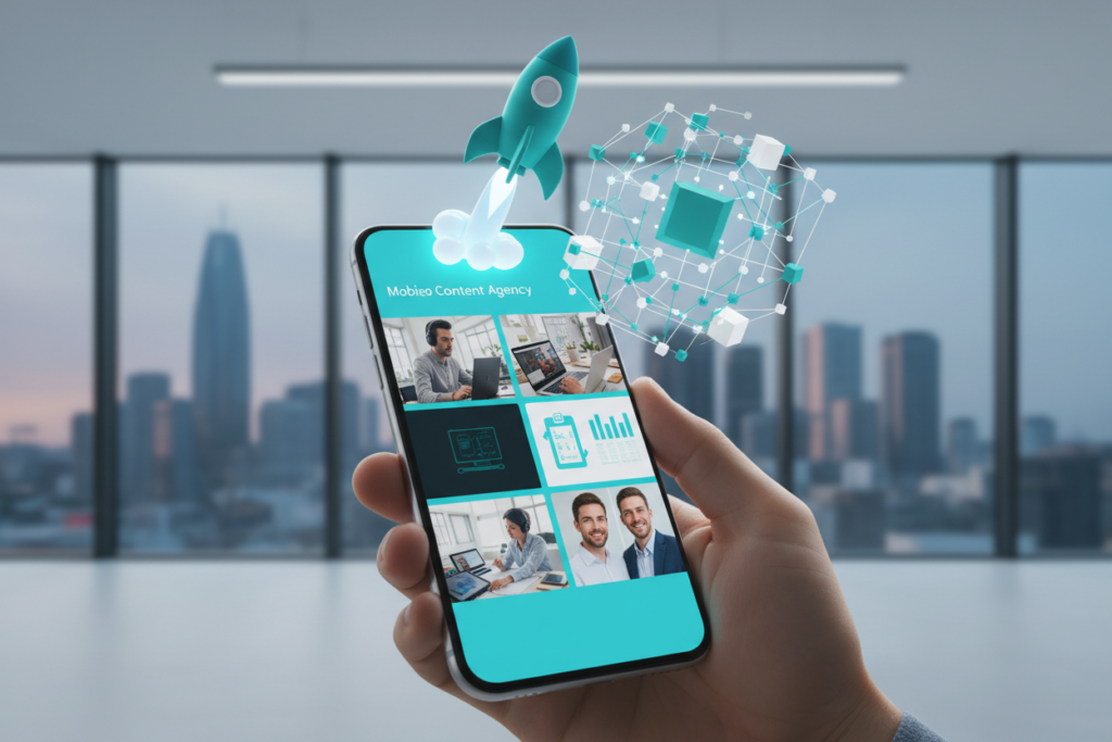 Smartphone screen showing a team management app with multiple profile pictures and progress bars. Floating 3D teal icons of a 'Rocket' and 'Network' nodes.
