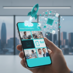 Smartphone screen showing a team management app with multiple profile pictures and progress bars. Floating 3D teal icons of a 'Rocket' and 'Network' nodes.