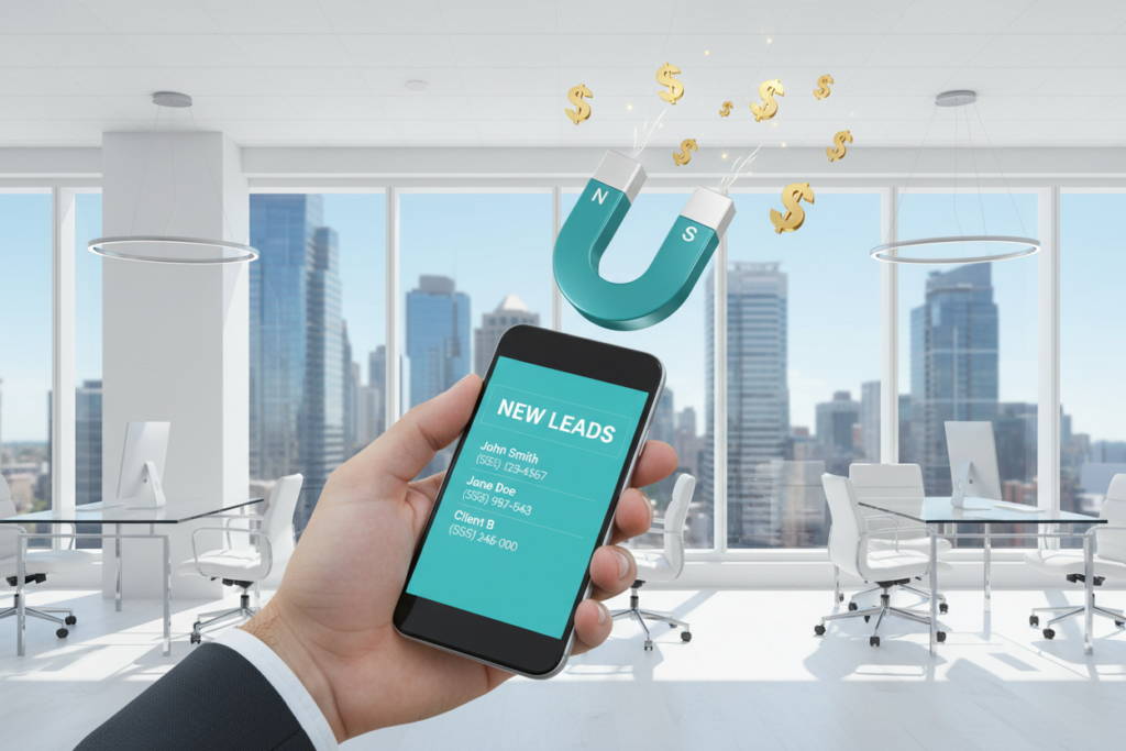 A professional mobile dashboard showing a list of new 'Leads' with contact names and phone numbers. 3D teal icons of a magnet and a person silhouette floating above the phone.