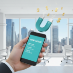 A professional mobile dashboard showing a list of new 'Leads' with contact names and phone numbers. 3D teal icons of a magnet and a person silhouette floating above the phone.