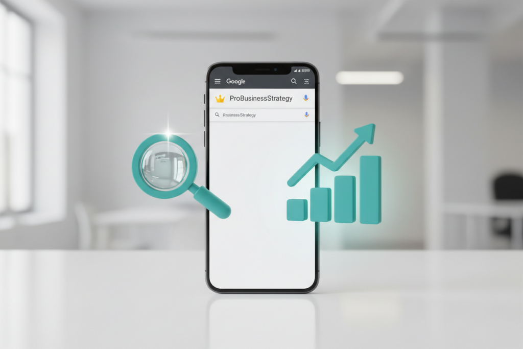 A smartphone screen showing a Google Search Results page with 'ProBusinessStrategy' at the #1 spot. Floating 3D teal icons of a 'Magnifying Glass' and 'Upward Bar Chart'.