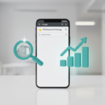 A smartphone screen showing a Google Search Results page with 'ProBusinessStrategy' at the #1 spot. Floating 3D teal icons of a 'Magnifying Glass' and 'Upward Bar Chart'.