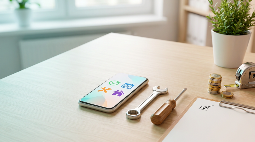 A smartphone showing an abstract franchise checklist with home repair icons on a desk, next to a wrench, screwdriver, clipboard, and coins, representing a handyman franchise review (2026)